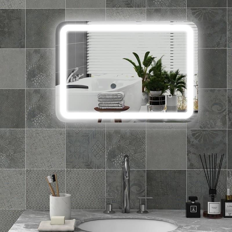 Kylpyhuoneen peili LED‑valaistuksella, kosketusohjaus, huurtumaton, himmennettävä, 70x90 cm, hopea