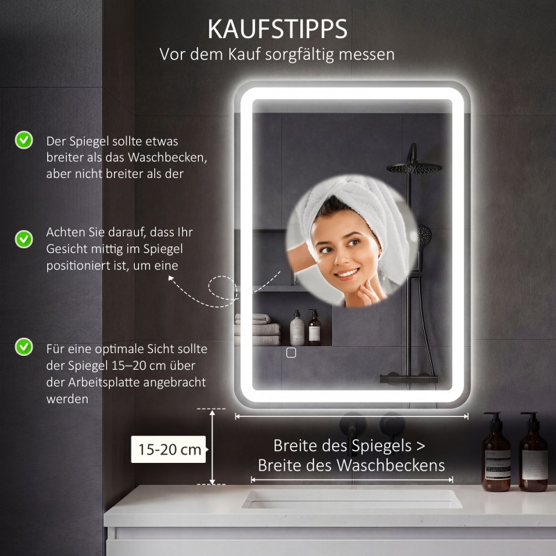 Kylpyhuoneen peili LED‑valaistuksella, kosketusohjaus, huurtumaton, himmennettävä, 70x90 cm, hopea