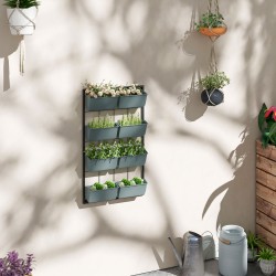 Seinään kiinnitettävä kukkateline 8 istutuslaatikolla, teräs ja PE-muovi, 52,5 x 14 x 90 cm, harmaa/musta