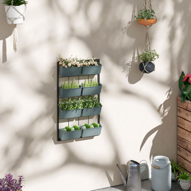 Seinään kiinnitettävä kukkateline 8 istutuslaatikolla, teräs ja PE-muovi, 52,5 x 14 x 90 cm, harmaa/musta