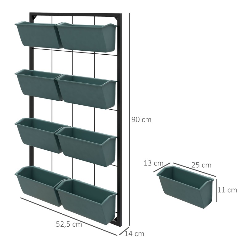 Seinään kiinnitettävä kukkateline 8 istutuslaatikolla, teräs ja PE-muovi, 52,5 x 14 x 90 cm, harmaa/musta