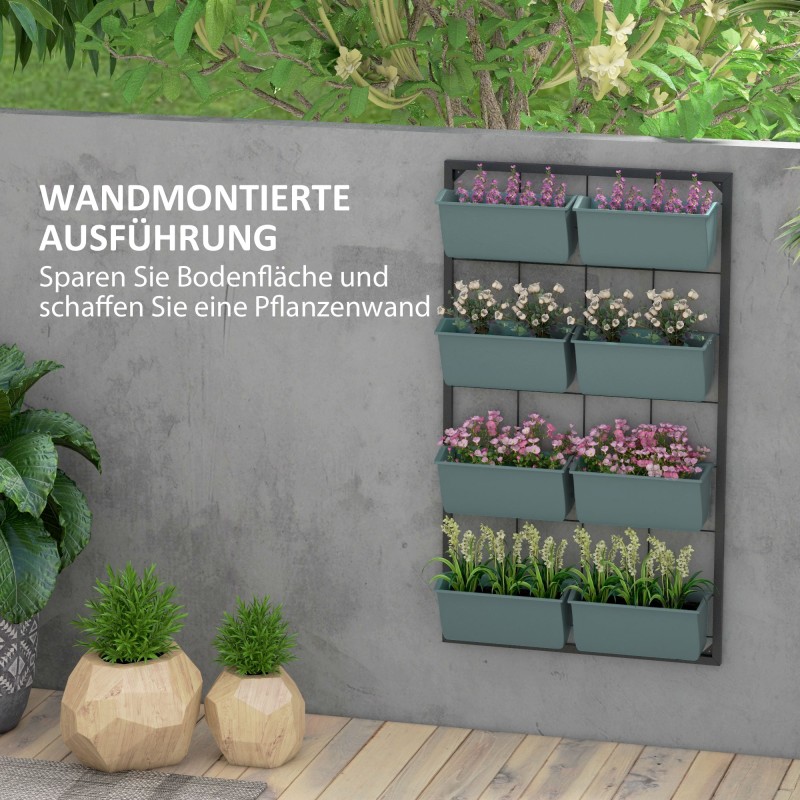 Seinään kiinnitettävä kukkateline 8 istutuslaatikolla, teräs ja PE-muovi, 52,5 x 14 x 90 cm, harmaa/musta