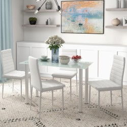 Ruokailuryhmä 5 osaa, lasinen pöytä 120x60 cm ja 4 keinonahkatuolia, valkoinen