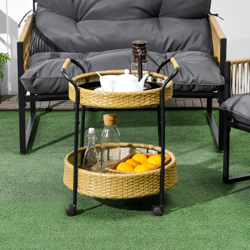 Ulkotarjoiluvaunu 2 tasoa polyrottinki ja teräs Φ50 x 66 cm keltainen/musta