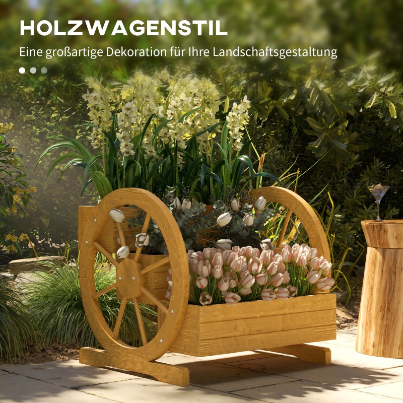 Puinen kolmitasoinen istutuslaatikko ulkokäyttöön, vaunupyöräkoriste, 62 x 61 x 57 cm, teak
