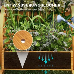 Puinen kolmitasoinen istutuslaatikko ulkokäyttöön, vaunupyöräkoriste, 62 x 61 x 57 cm, teak