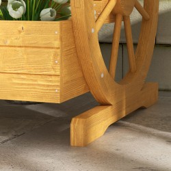 Puinen kolmitasoinen istutuslaatikko ulkokäyttöön, vaunupyöräkoriste, 62 x 61 x 57 cm, teak
