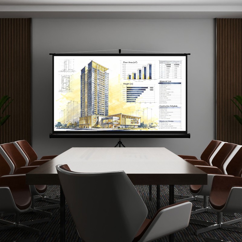 Valkokangas jalustalla 100" 16:9, rullamekanismi, kuvan koko 221 x 124 cm, musta