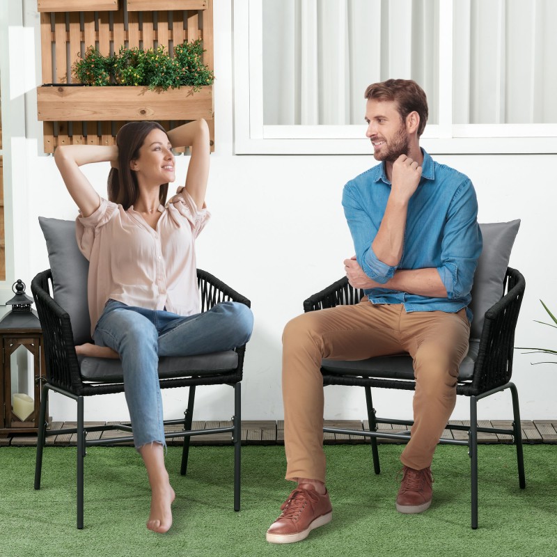 Ulkotuolit boho-tyyli 2 kpl metallirunko istuin- ja selkätyynyillä musta