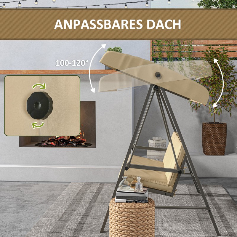 Puutarhakeinu 3 hengelle, teräsrunko, säädettävä katos, 200 x 125 x 175 cm, beige–ruskea