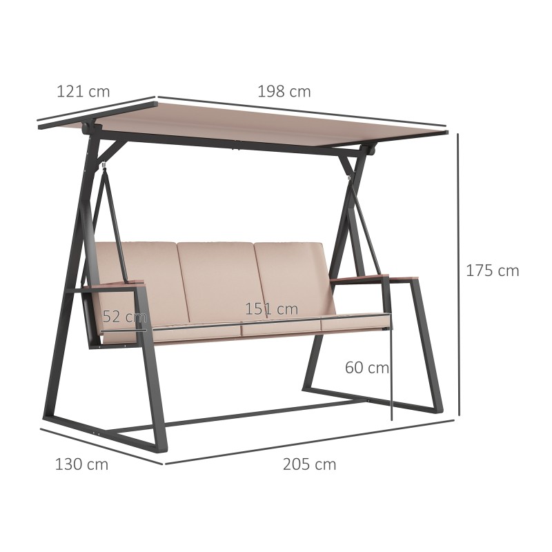 Pihakeinu 3 hengen, teräsrunko ja säädettävä aurinkokatos, khaki