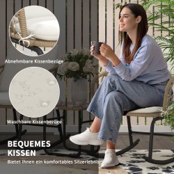 Keinutuolisetti ulkokäyttöön, 3-osainen PE-rottinki ja teräs, karkaistu lasipöytä, keltainen/kerma