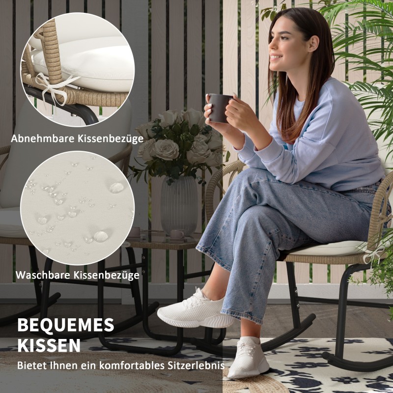 Keinutuolisetti ulkokäyttöön, 3-osainen PE-rottinki ja teräs, karkaistu lasipöytä, keltainen/kerma