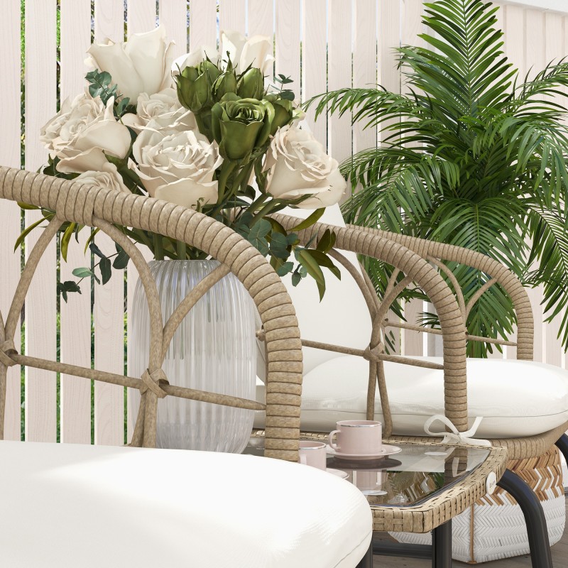 Keinutuolisetti ulkokäyttöön, 3-osainen PE-rottinki ja teräs, karkaistu lasipöytä, keltainen/kerma