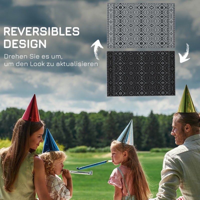 Käännettävä ulkomatto, vedenkestävä muovi, 182 x 274 cm, musta/harmaa, geometrinen