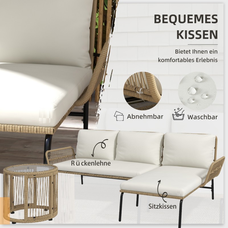 Puutarhan oleskeluryhmä 3 osaa, PE-rottinki, 2 h sohva, lepotuoli ja pöytä, luonnonväri/kerma