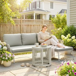 Polyrottinki puutarhan oleskeluryhmä 3-osainen, sohva chaiselongue ja lasipöytä, vaaleanharmaa