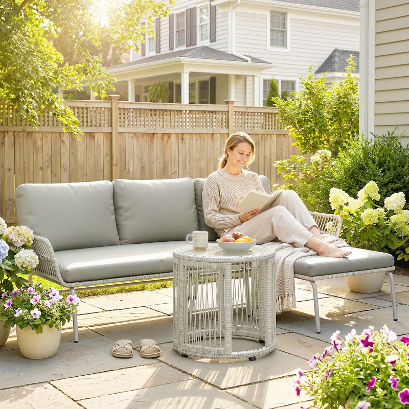 Polyrottinki puutarhan oleskeluryhmä 3-osainen, sohva chaiselongue ja lasipöytä, vaaleanharmaa