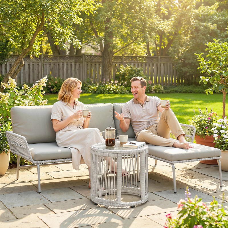 Polyrottinki puutarhan oleskeluryhmä 3-osainen, sohva chaiselongue ja lasipöytä, vaaleanharmaa