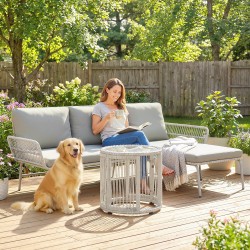 Polyrottinki puutarhan oleskeluryhmä 3-osainen, sohva chaiselongue ja lasipöytä, vaaleanharmaa