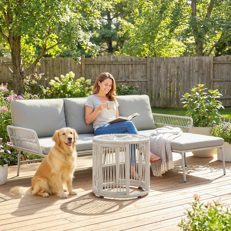 Polyrottinki puutarhan oleskeluryhmä 3-osainen, sohva chaiselongue ja lasipöytä, vaaleanharmaa