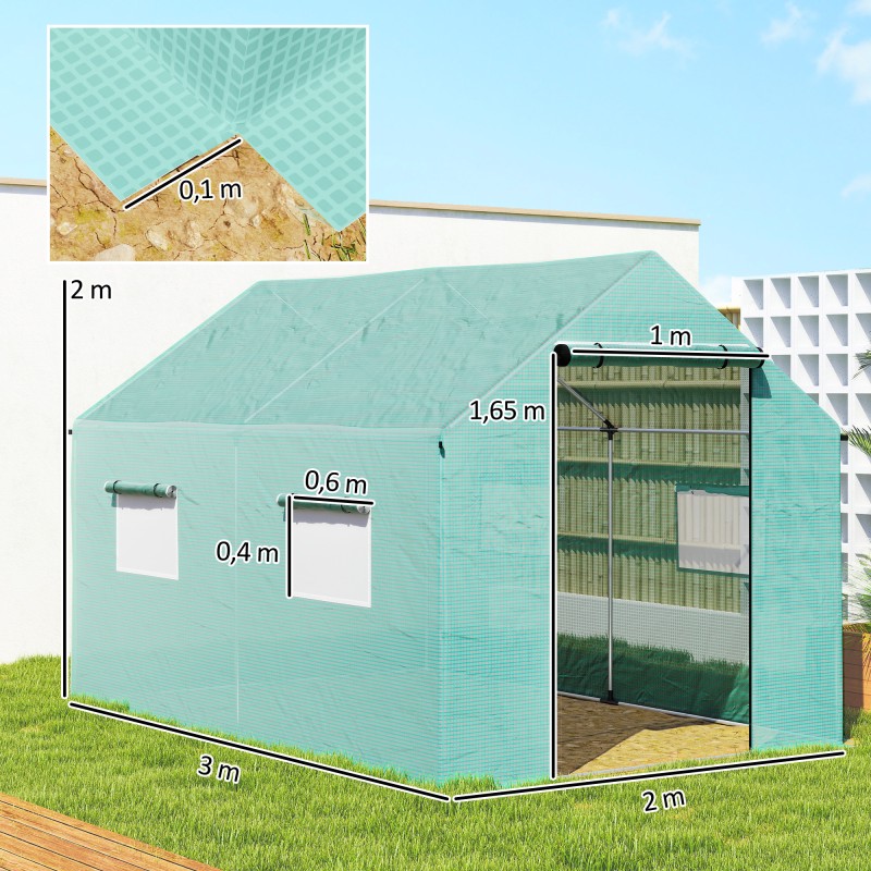 Tunnelikasvihuone ulkokäyttöön, sinkitty teräsrunko, PE-kate, 2x3x2 m, vihreä