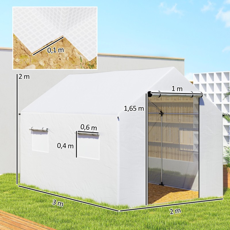 Kasvihuone ulkokäyttöön 3 x 2 x 2 m, galvanoitu teräsrunko, UV-suojattu PE-peite, valkoinen