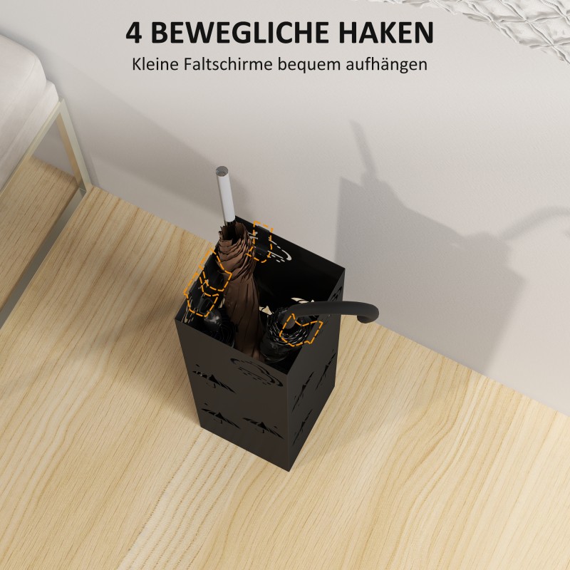 Sateenvarjoteline eteiseen, metallia, 4 koukkua, tippakaukalo, musta