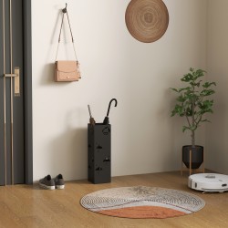 Sateenvarjoteline eteiseen, metallia, 4 koukkua, tippakaukalo, musta