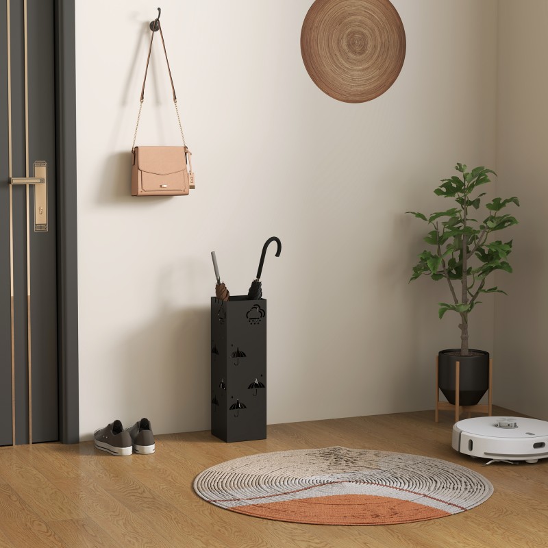 Sateenvarjoteline eteiseen, metallia, 4 koukkua, tippakaukalo, musta