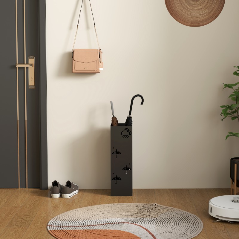 Sateenvarjoteline eteiseen, metallia, 4 koukkua, tippakaukalo, musta