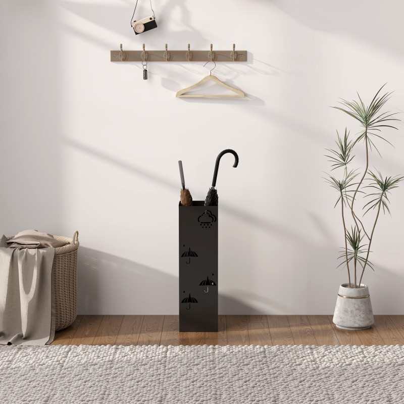 Sateenvarjoteline eteiseen, metallia, 4 koukkua, tippakaukalo, musta