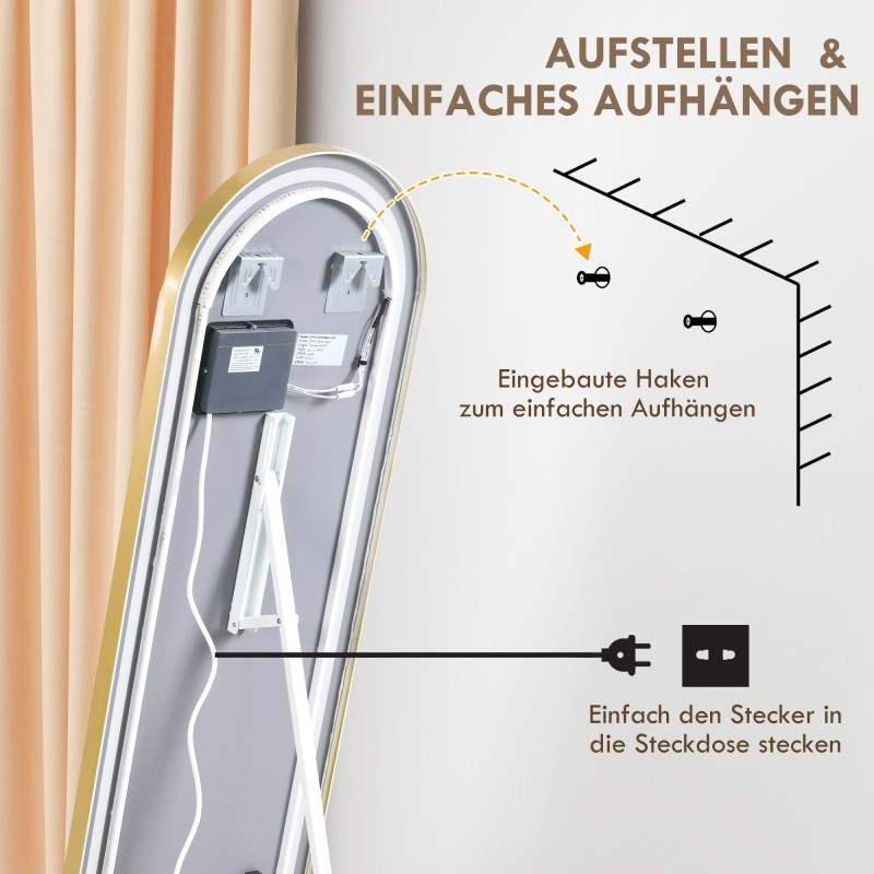 Kokovartalopeili LED-valaistuksella, karkaistu lasi, 151,5 x 50 cm, kultasävy