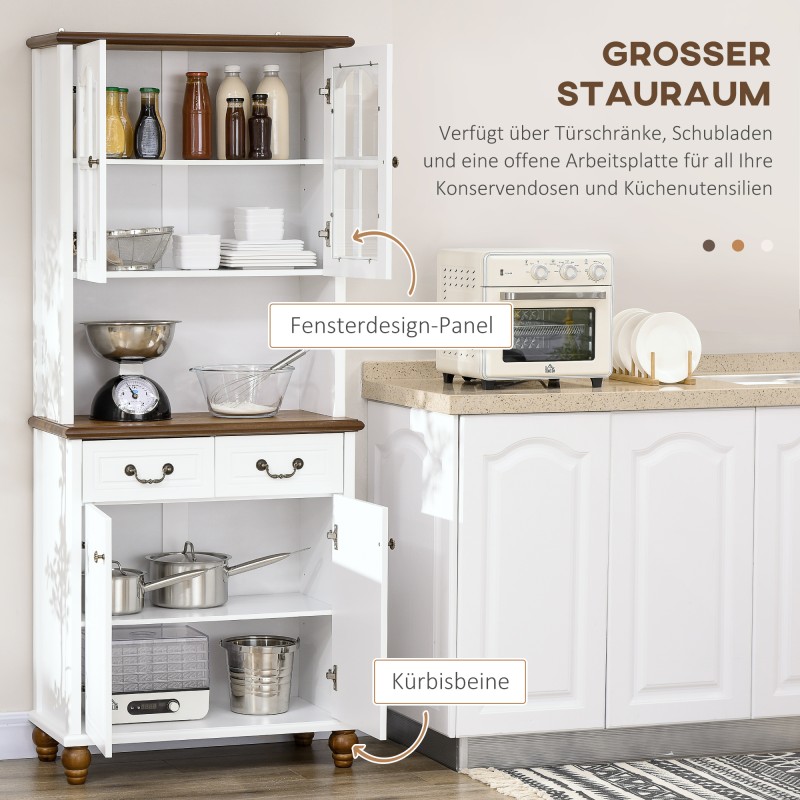 Keittiökaappi buffet, MDF, 2 laatikkoa ja kaapit, 76 x 38 x 182 cm, valkoinen/tummanruskea