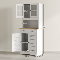 Keittiökaappi lasiovilla ja 2 laatikolla, MDF/puu, 68 x 39,5 x 170 cm, valkoinen/naturaalipuu