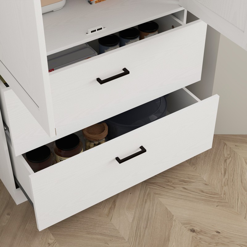 Korkea keittiökaappi säädettävillä hyllyillä ja kahdella leveällä laatikolla 75x39x178 cm kermanvalkoinen