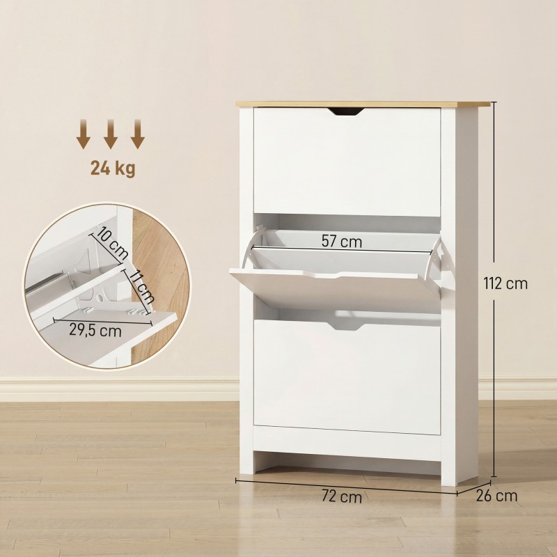 Kenkäkaappi eteiseen lastulevystä, 3 kääntyvää lokeroa, 18 paria, 72x26x112 cm, valkoinen–ruskea