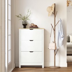 Kenkäkaappi eteiseen lastulevystä, 3 kääntyvää lokeroa, 18 paria, 72x26x112 cm, valkoinen–ruskea