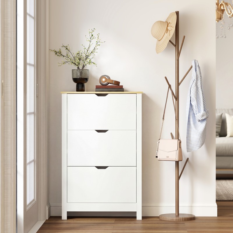 Kenkäkaappi eteiseen lastulevystä, 3 kääntyvää lokeroa, 18 paria, 72x26x112 cm, valkoinen–ruskea