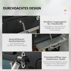 Hiiligrilli savustustoiminnolla, galvanoitu teräs, lämpömittari, pullonavaaja, 120 x 64 x 114 cm, musta