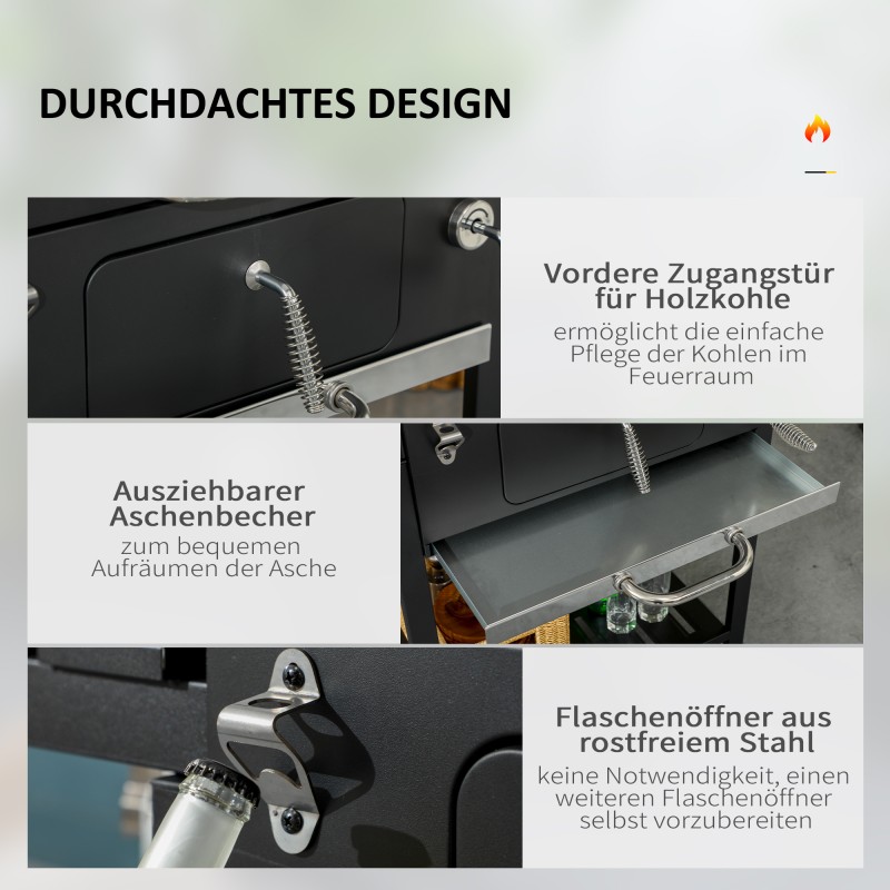 Hiiligrilli savustustoiminnolla, galvanoitu teräs, lämpömittari, pullonavaaja, 120 x 64 x 114 cm, musta