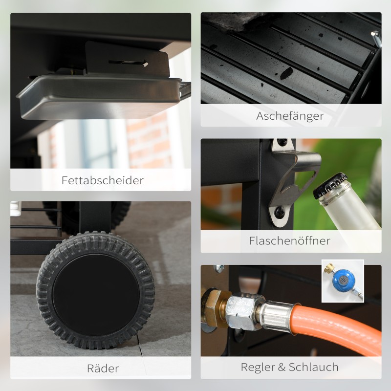 Kaasu- ja hiiligrilli lämpömittarilla ja lämpimänäpitoritilöillä 161 x 54 x 103 cm musta/hopea