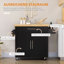 Keittiövaunu maustehyllyllä ja pyyhetelineellä, kumipuu/MDF, 109 x 40 x 89 cm, musta