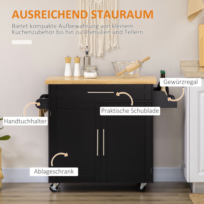 Keittiövaunu maustehyllyllä ja pyyhetelineellä, kumipuu/MDF, 109 x 40 x 89 cm, musta