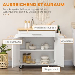 Keittiövaunu keittiösaareke kumipuuta ja MDF-levyä 109 x 40 x 89 cm valkoinen