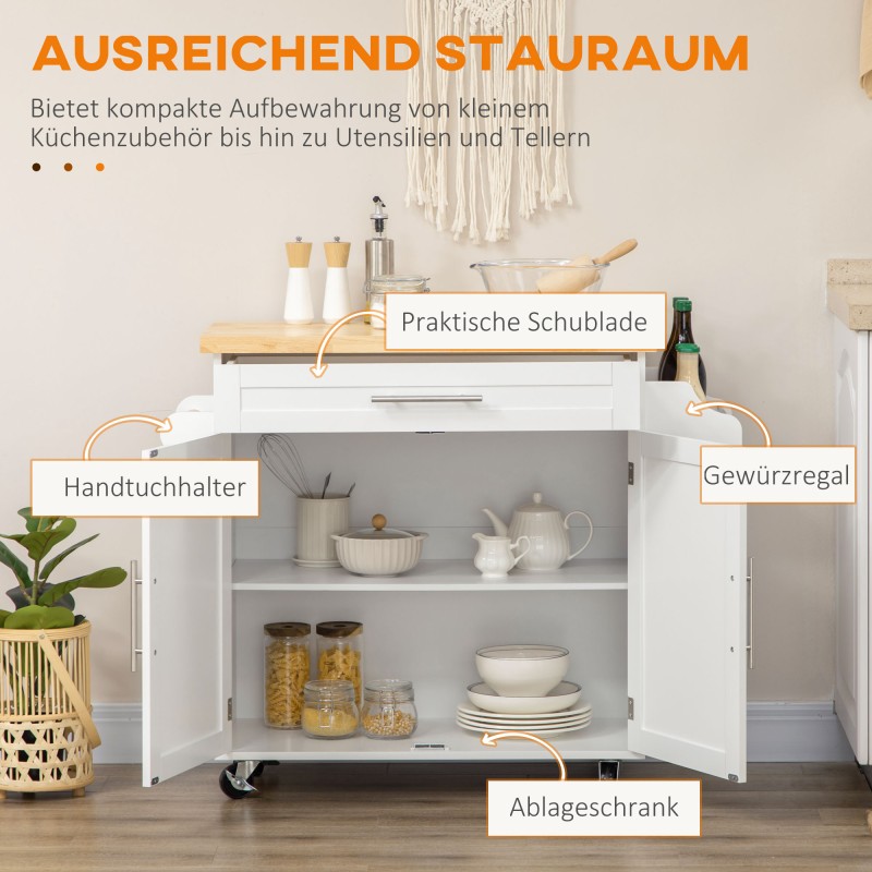 Keittiövaunu keittiösaareke kumipuuta ja MDF-levyä 109 x 40 x 89 cm valkoinen