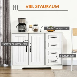 Säilytyskaappi sivupöytä, lastulevy, 4 laatikkoa ja kaappi, 105 x 40 x 76 cm, valkoinen