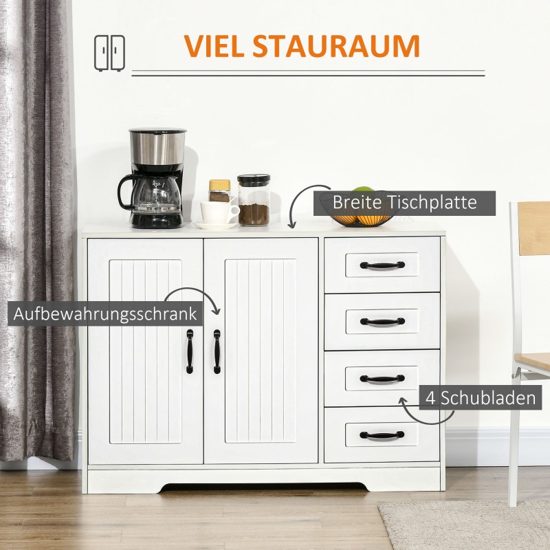 Säilytyskaappi sivupöytä, lastulevy, 4 laatikkoa ja kaappi, 105 x 40 x 76 cm, valkoinen