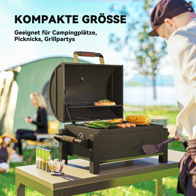 Hiiligrilli kannella ja lämpöritilällä, ruostumaton teräs, tuhka-astia, lämpömittari, 67 x 53 x 55 cm, musta/punainen