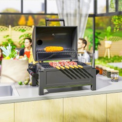 Hiiligrilli kannella ja lämpöritilällä, ruostumaton teräs, tuhka-astia, lämpömittari, 67 x 53 x 55 cm, musta/punainen